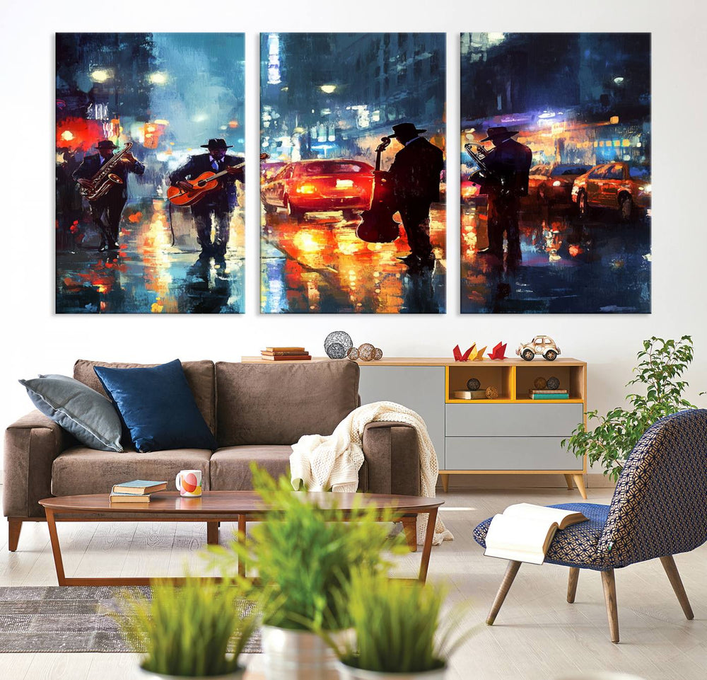 Bold abstract music wall art print featuring a colorful city street and jazz band reflections.