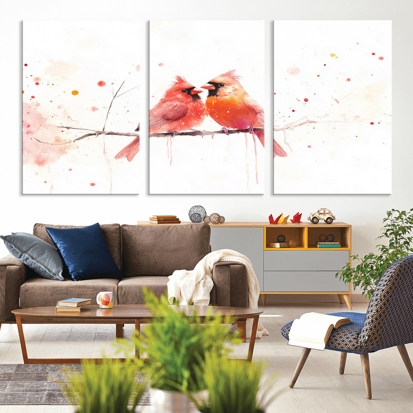 MGV-CV-60X30-3P - Cardinal Bird Canvas Wall Art - Male and Female Cardinal Print - Nature-Inspired Bird Wall Decor for