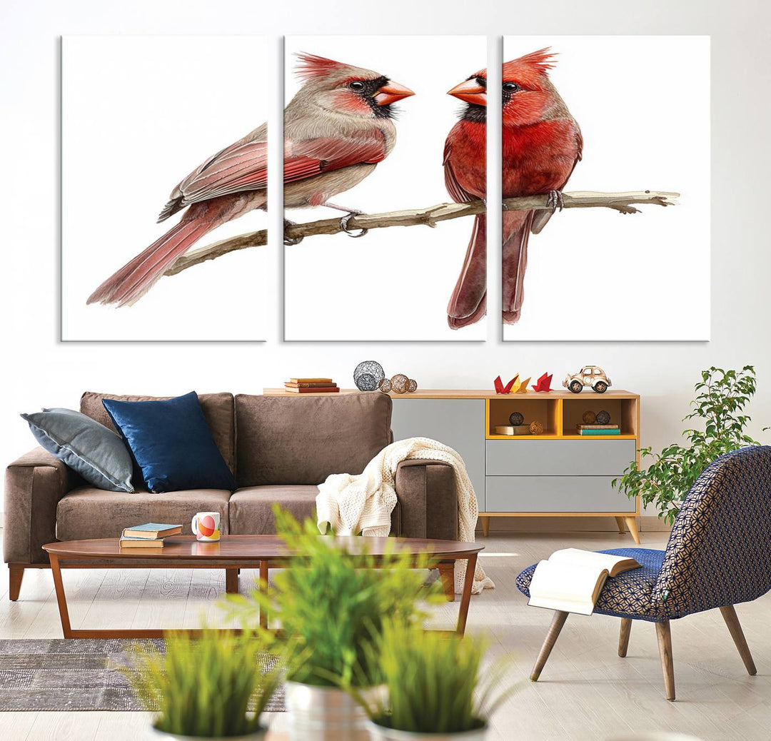 The Cardinal Bird Canvas Wall Art showcases two cardinals on a branch.