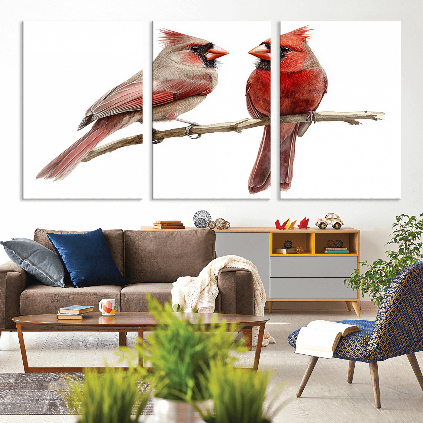 MGV-CV-60X30-3P - Cardinal Bird Canvas Wall Art - Male and Female Cardinal Print - Abstract Bird Wall Decor for Home -