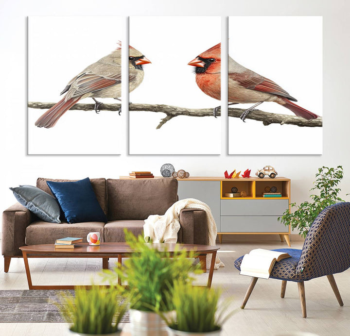 A Cardinal Canvas Wall Art print of cardinals on a branch hangs prominently.