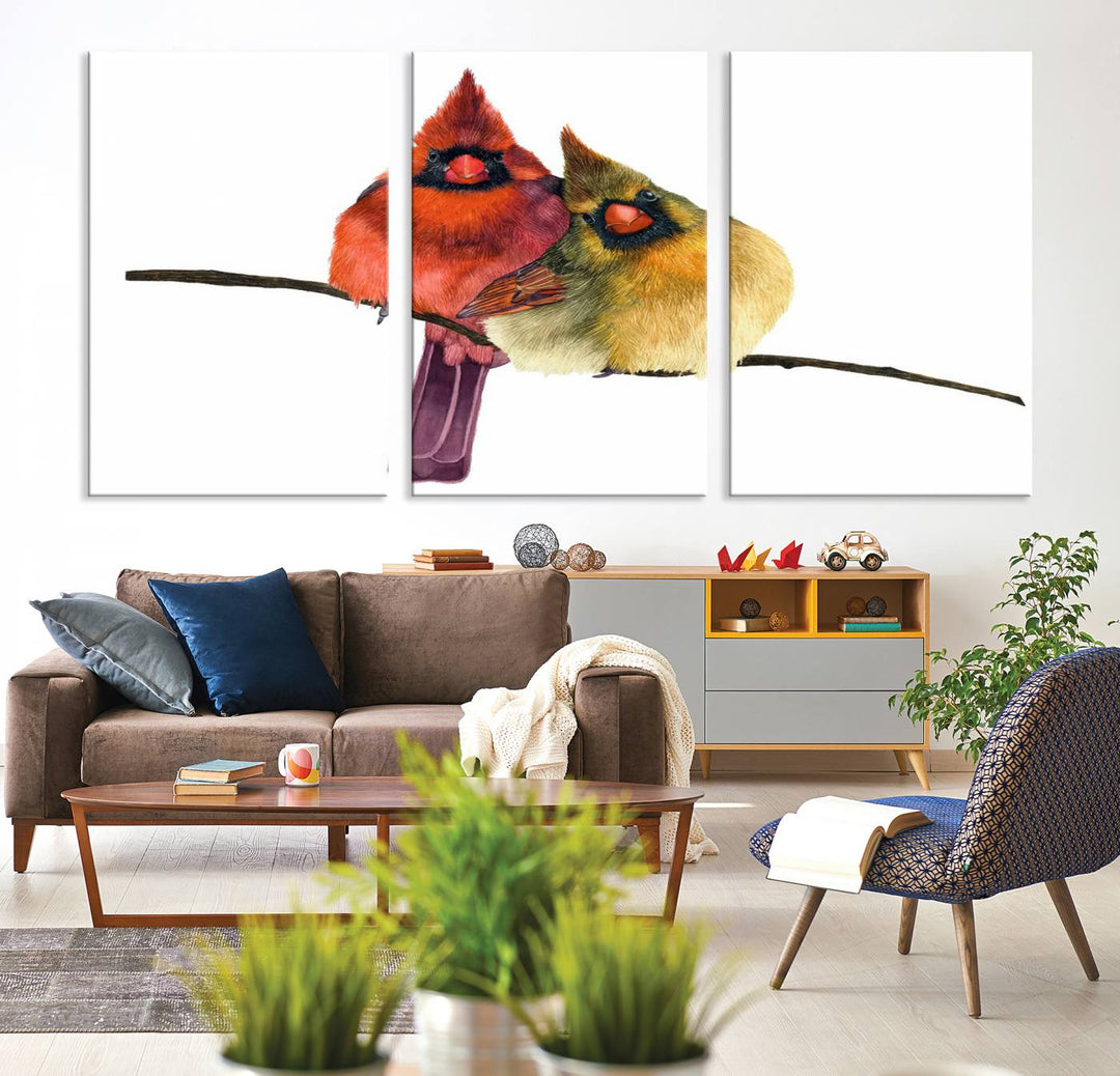 The Cardinal Bird Canvas Wall Art showcases vibrant male and female cardinals, capturing the beauty of nature in vivid detail.