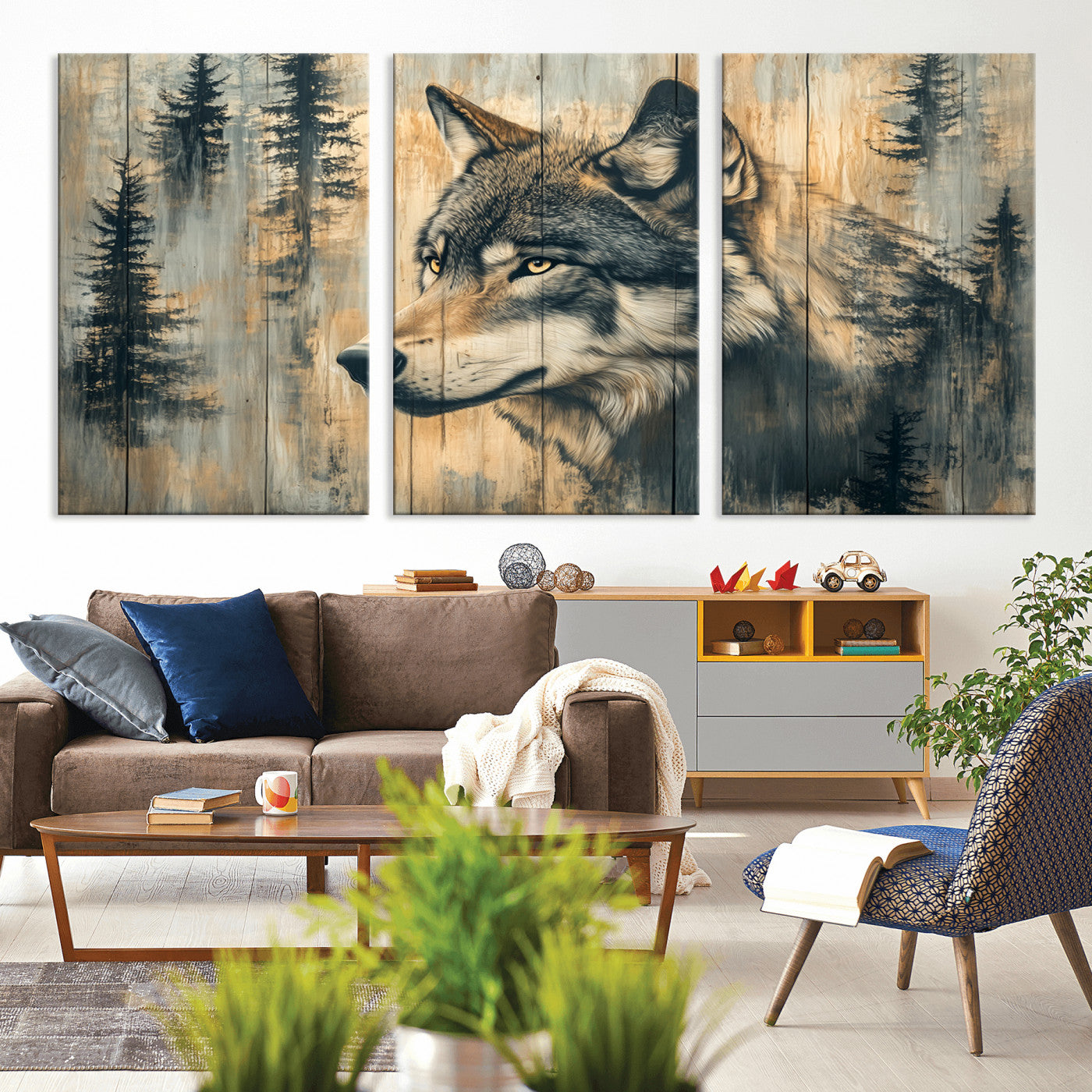 MGV-CV-60X30-3P - Wood Style Rustic Wolf Wall Art Canvas Print, Vintage Woodland Wolf Wall Art, Framed Wood Style Wolf