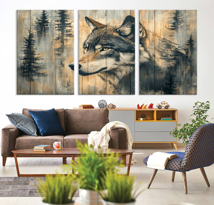 Above the counter is a Wood Style Rustic Wolf Wall Art Canvas Print.