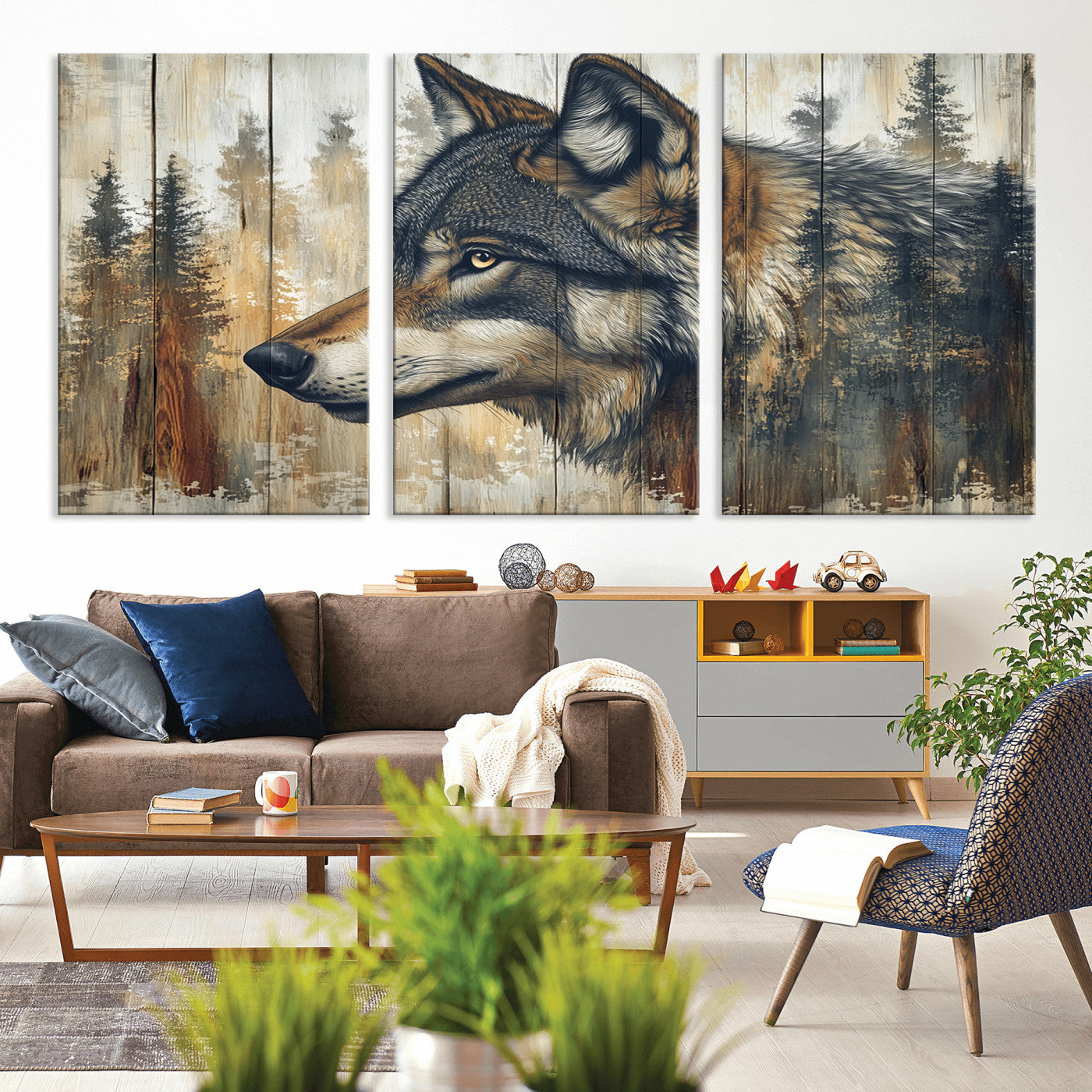 MGV-CV-60X30-3P - Rustic Wolf Wall Art Canvas Print, Vintage Woodland Wolf Wall Art
