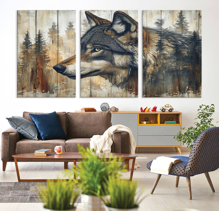 A kitchen dining area features Rustic Wolf Wall Art.