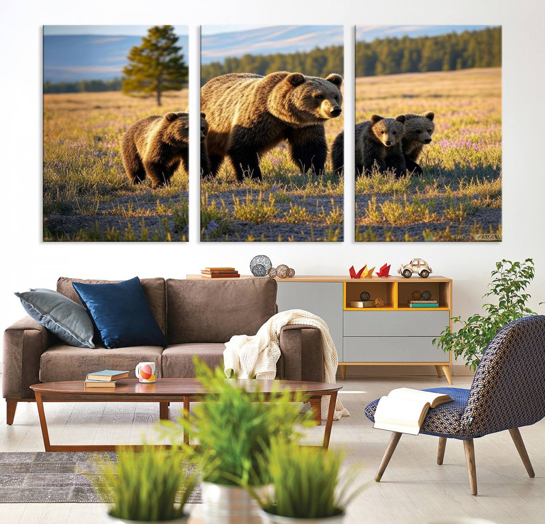 The Grizzly 399 in Wild Flowers wall art canvas print.