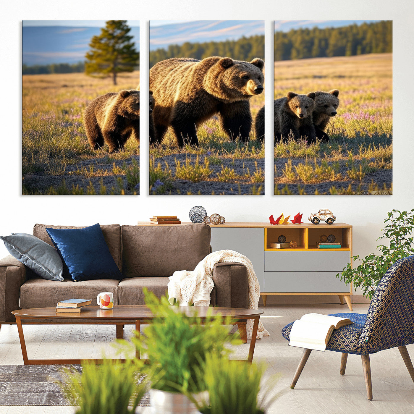 MGV-CV-60X30-3P - Grizzly 399 in Wild Flowers Wall Art Canvas Print, Grizzly Bears Wall Art, Queen of Grand Teton