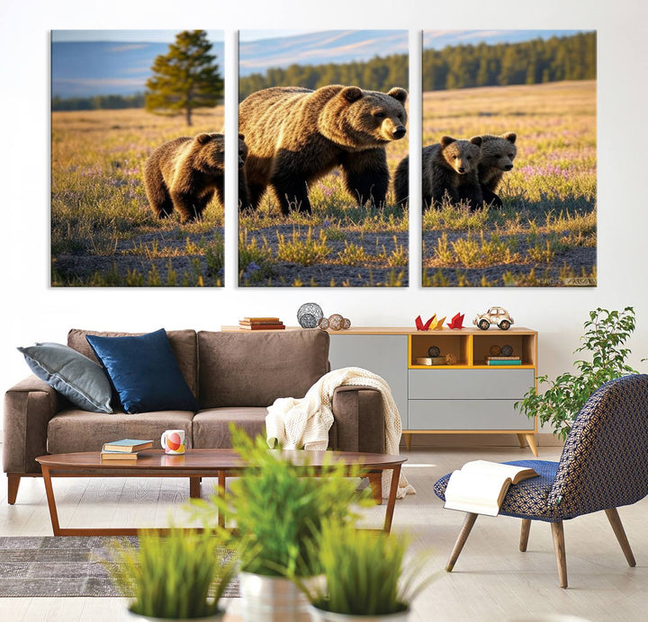 The dining room showcases the Grizzly 399 in Wild Flowers wall art.