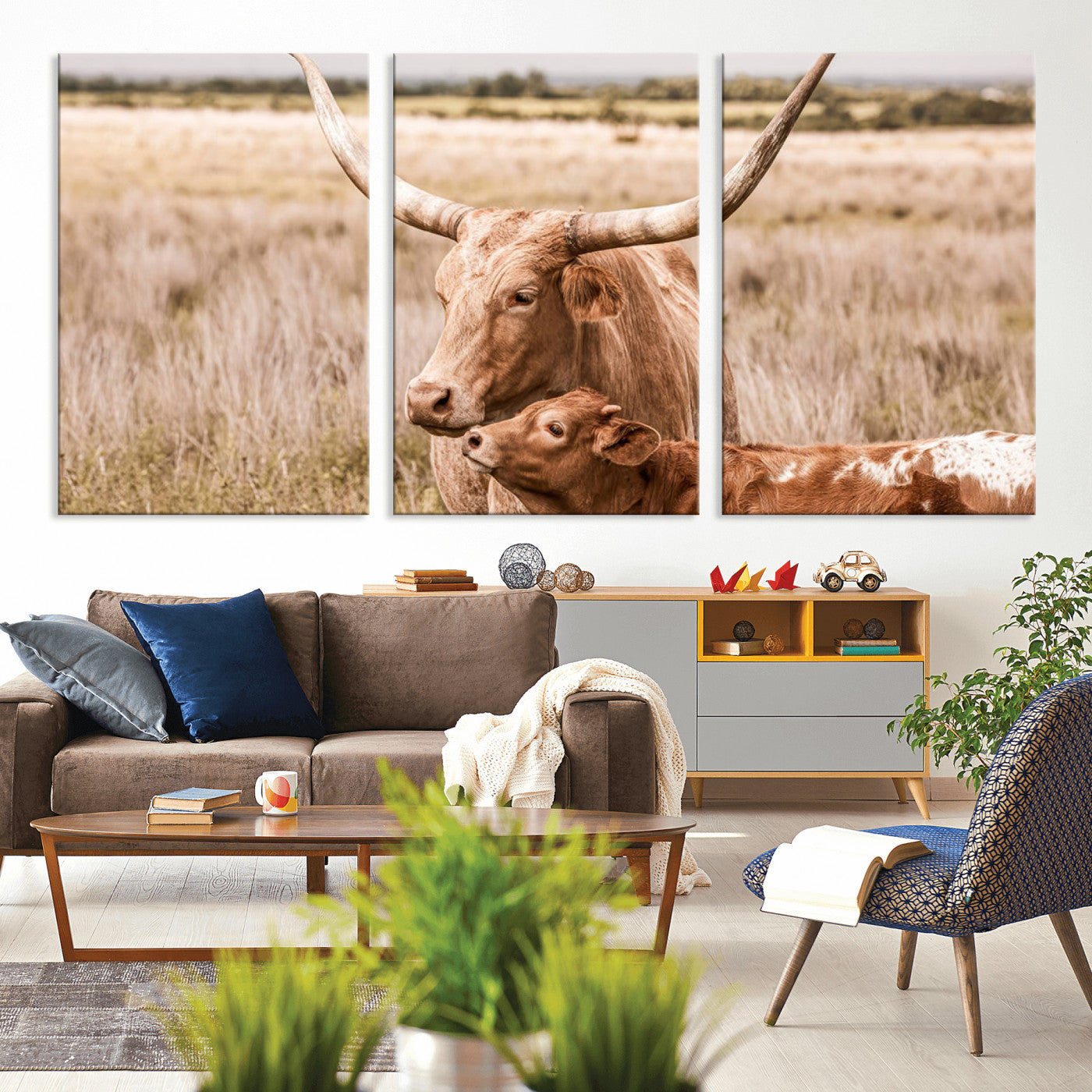 MGV-CV-60X30-3P - Texas Longhorn Cow Wall Art Canvas Print for Farmhouse Wall Art, Texas Decor, Western Wall Art Print
