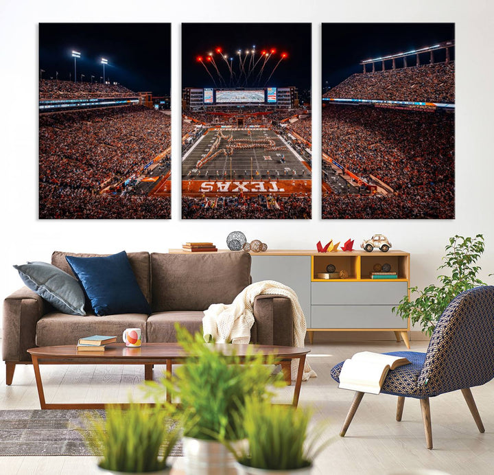 A Texas Memorial Stadium canvas print with fireworks embellishes the modern living room.