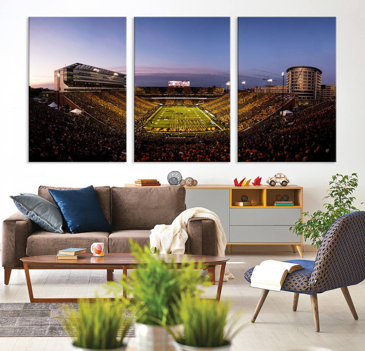 The Iowa Hawkeyes Kinnick Stadium Wall Art Canvas Print captures a sunset scene, making it perfect for display on a wall.