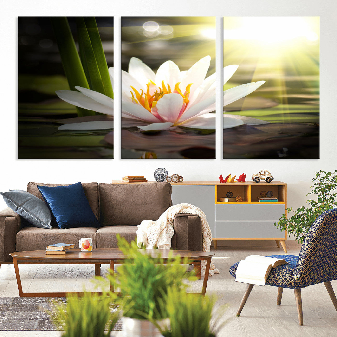 MGV-CV-60X30-3P - Lotus Flower Wall Art Canvas Print, Water Lily Large Wall Art Canvas Print