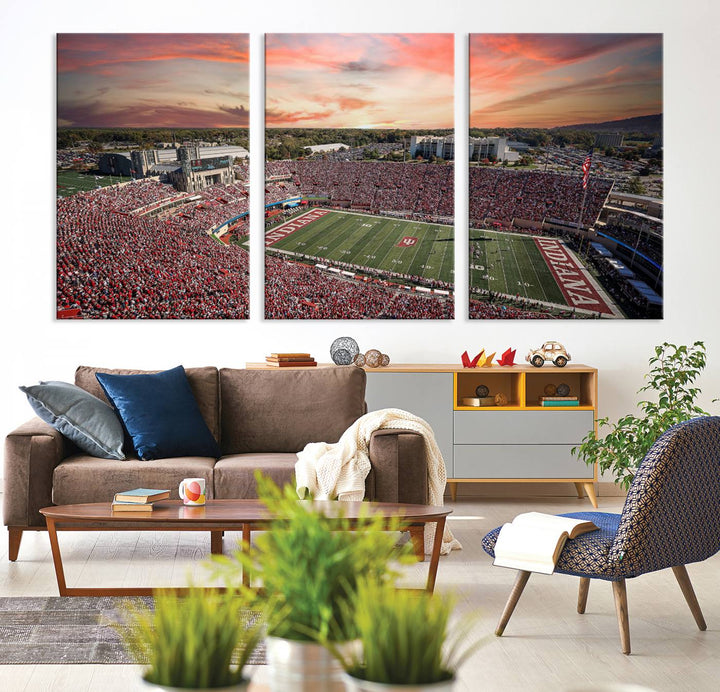 Gallery-quality Indiana Memorial Stadium Wall Art Canvas: A stunning view of the stadium at sunset.