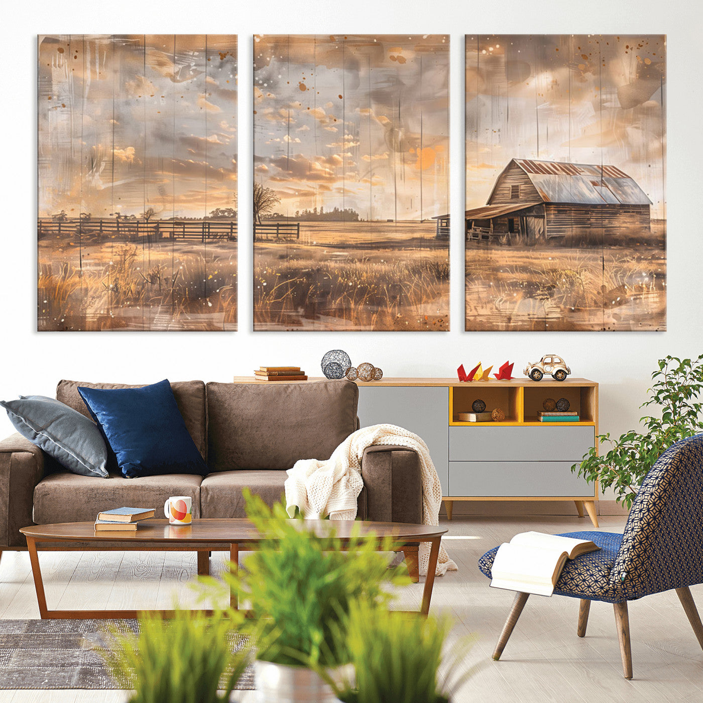 MGV-CV-60X30-3P - Rustic Farmhouse Wall Art Canvas Print | Barn and Field Canvas Print | Vintage Country Landscape