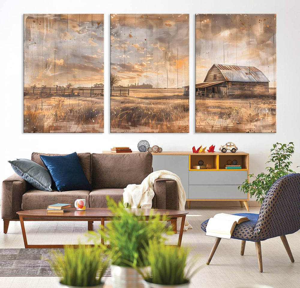 Rustic Farmhouse Wall Art Canvas depicting a barn under a cloudy sky.