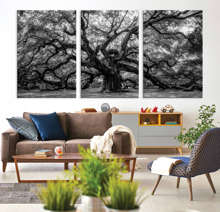 The Black and White Old Angel Oak Tree Canvas Print enhances the modern dining room.