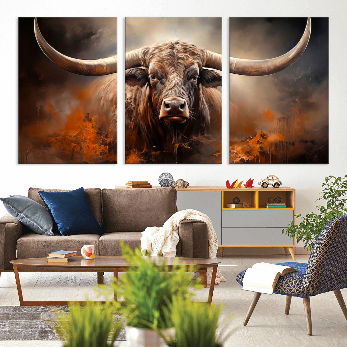 MGV-CV-60X30-3P - Highland Bull Canvas Abstract Canvas Wall Art Print – Powerful Highland Bull with Striking Horns in