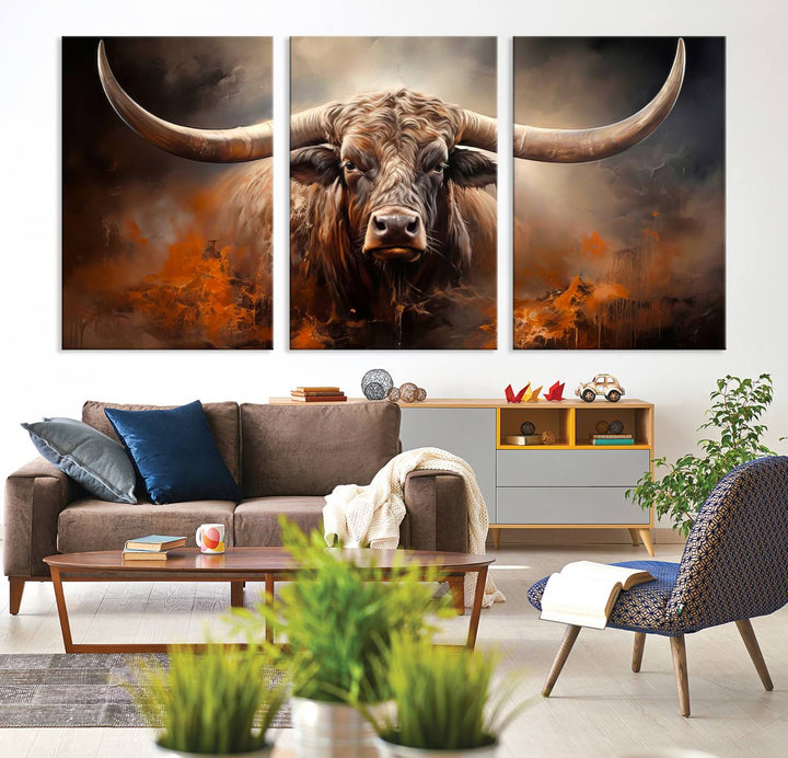 A Highland Bull with striking horns is depicted in a fiery abstract style on a ready-to-hang wall art canvas, evoking strength.