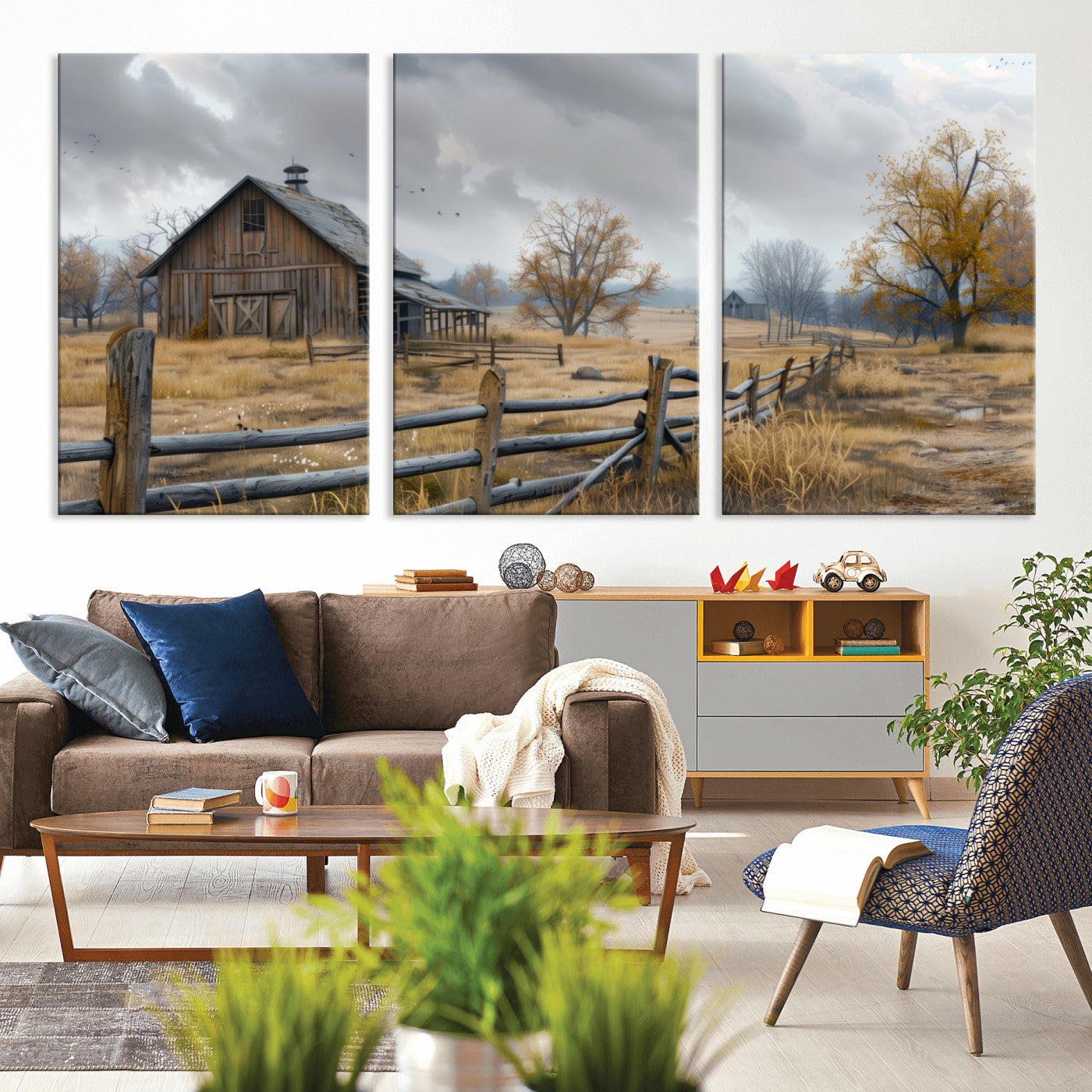 MGV-CV-60X30-3P - Rustic Autumn Farmhouse Wall Art Canvas Print – Serene Countryside Scene with Weathered Barn and