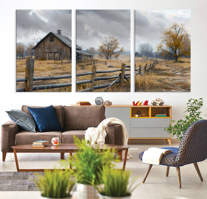 Rustic Autumn Farmhouse Wall Art – Weathered Barn & Trees Canvas Print, featuring a serene scene with birds in the sky. This piece is ready to hang.