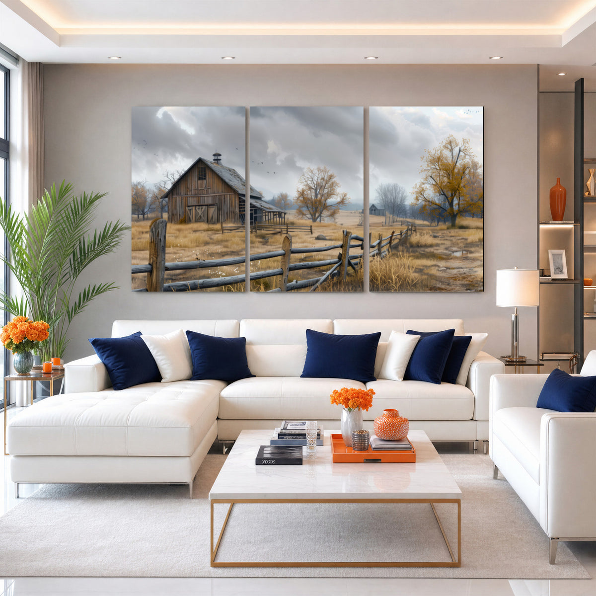 Farm1-MGV-CV-36X24 - Rustic Autumn Farmhouse Wall Art Canvas Print | Serene Countryside with Weathered Barn