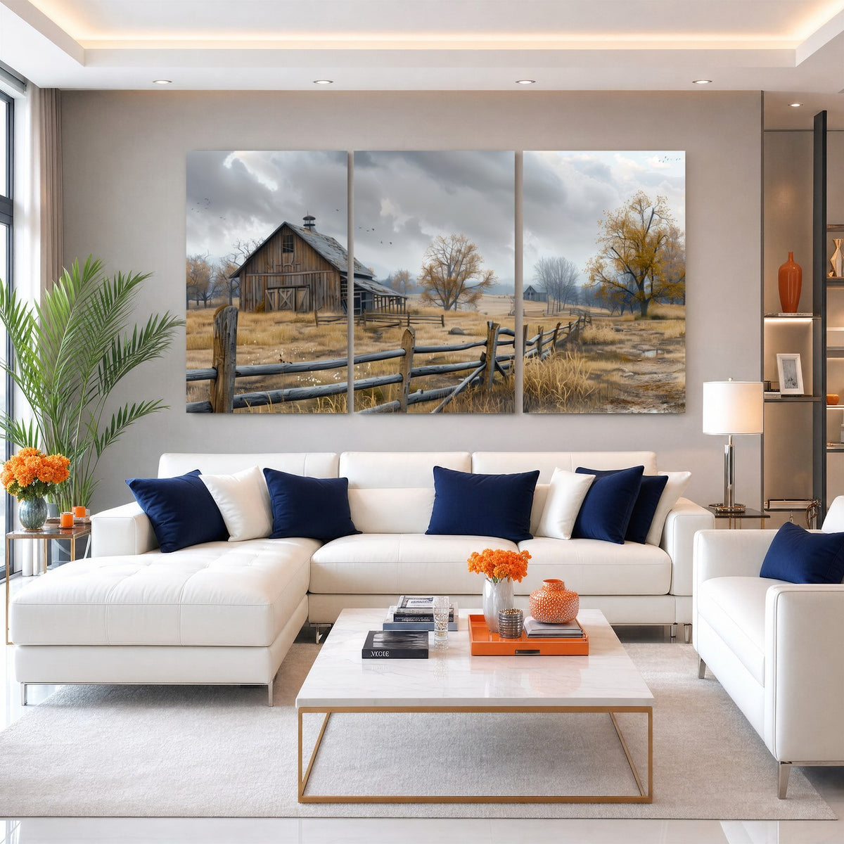Farm1-MGV-CV-24X16 - Rustic Autumn Farmhouse Wall Art Canvas Print | Serene Countryside with Weathered Barn