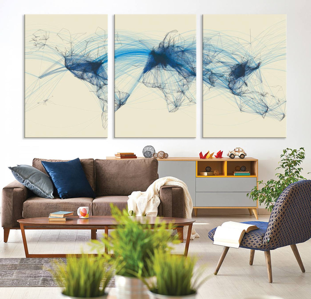 Flight Routes Map: Air Traffic Avi World Map featuring blue lines symbolizing global data. Ideal for home decor and ready to hang.