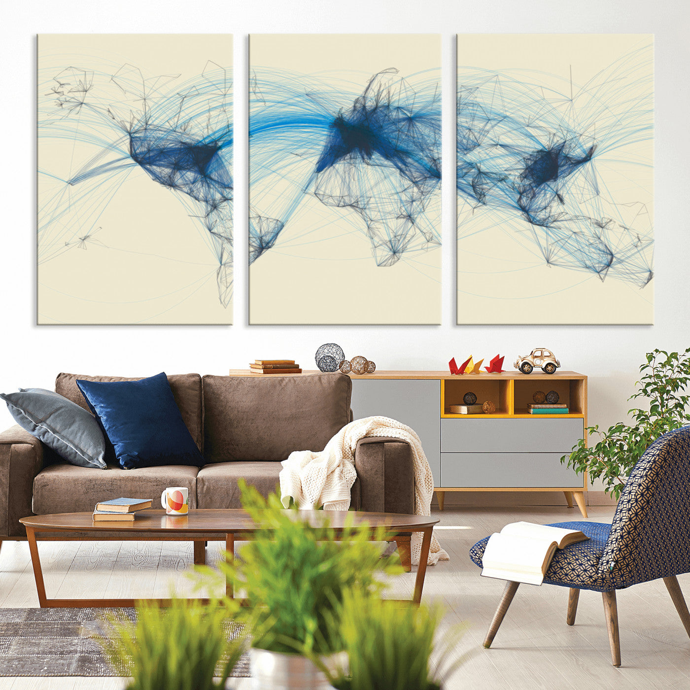 MGV-CV-60X30-3P - Flight Routes Map art Air Traffic Avi World Map with Blue Connections Canvas Wall Art – Modern