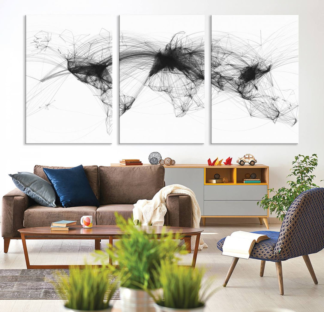 The Flight Routes Air Traffic canvas wall art, framed and ready to hang, is perfect for aviation enthusiasts.