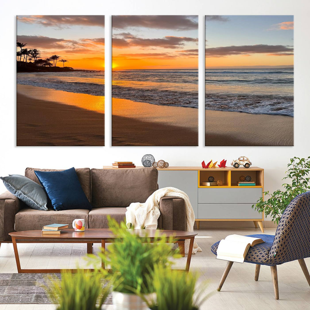 Sunset Wall Art Print featuring a beach sunset with waves and palms, perfect for coastal decor.