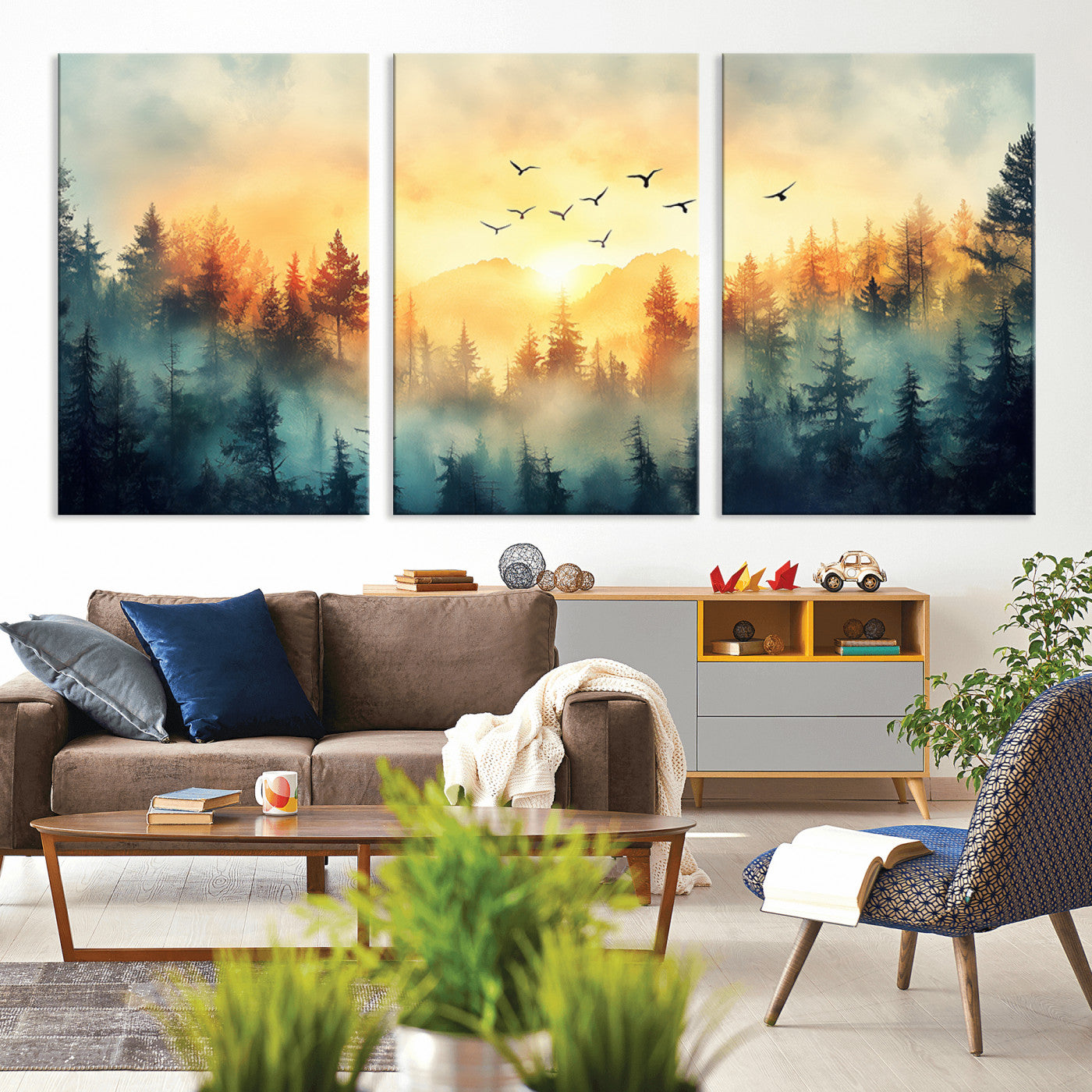 MGV-CV-60X30-3P - Abstract Forest Wall Art Print- Serene Nature Canvas Print with Misty Forest Design for Modern Home