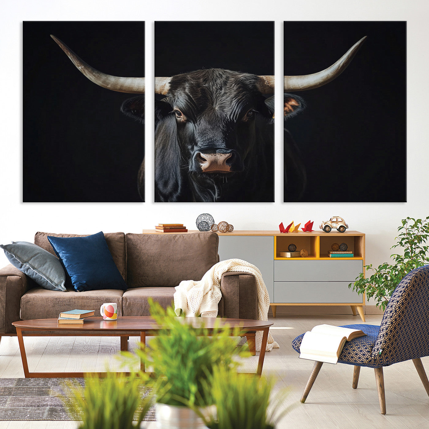 Canvas of a black longhorn bull against a dark background, featuring moody tones and western character for rustic or cowboy-inspired spaces.
