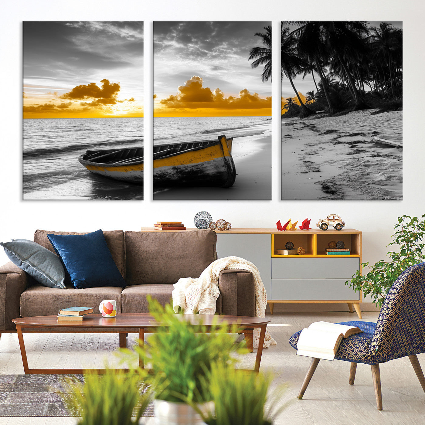 Canvas of a yellow rowboat on a black and white tropical beach with golden sunset sky, ideal for coastal or tropical-themed home decor.