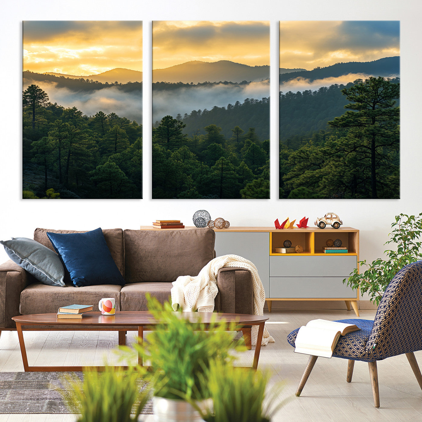 Canvas of misty pine-covered mountains at sunrise, featuring golden light and fog layers, ideal for tranquil earthy home decor.