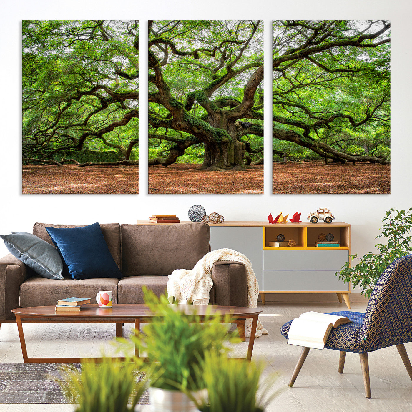 A majestic, ancient tree with expansive, twisting branches spreading wide under a dense, vibrant green canopy in a serene forest clearing.