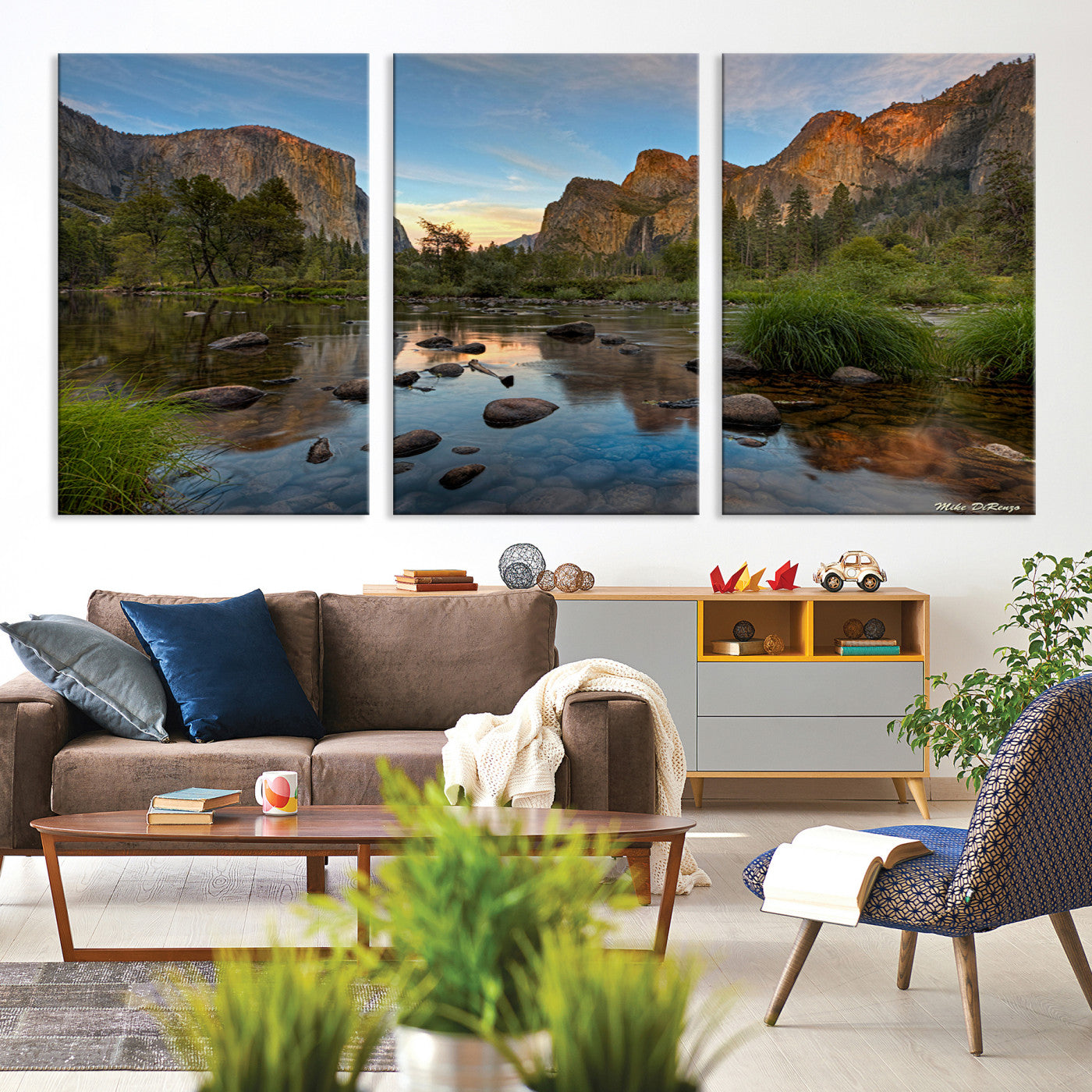 Canvas of Yosemite Valley with El Capitan and sunset reflections in a calm river, perfect for rustic or nature-themed décor.