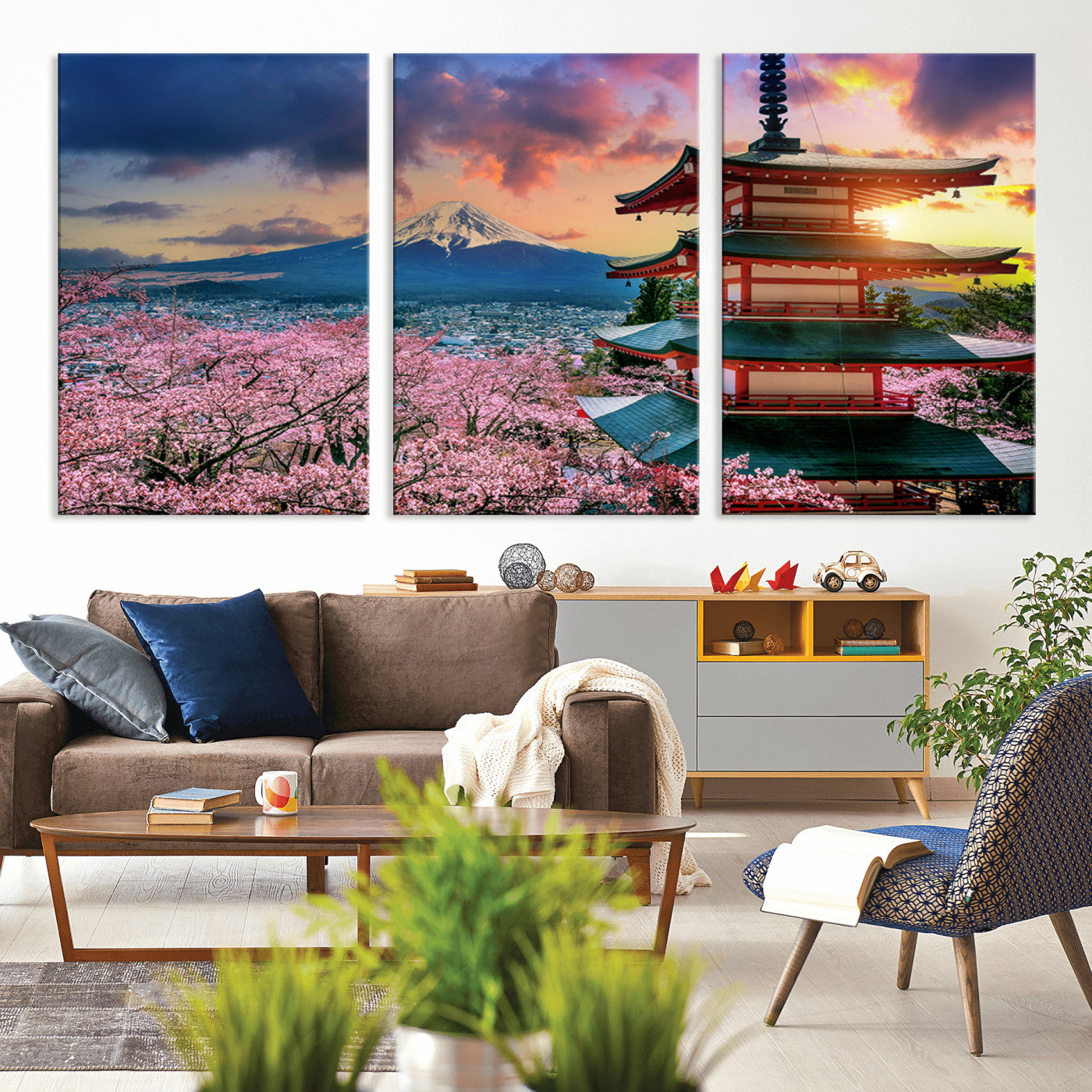 MGV-CV-60X30-3P - Mount Fuji & Cherry Blossom Wall Art Canvas Print – Iconic Japanese Landscape, Sakura Pagoda Sunset,