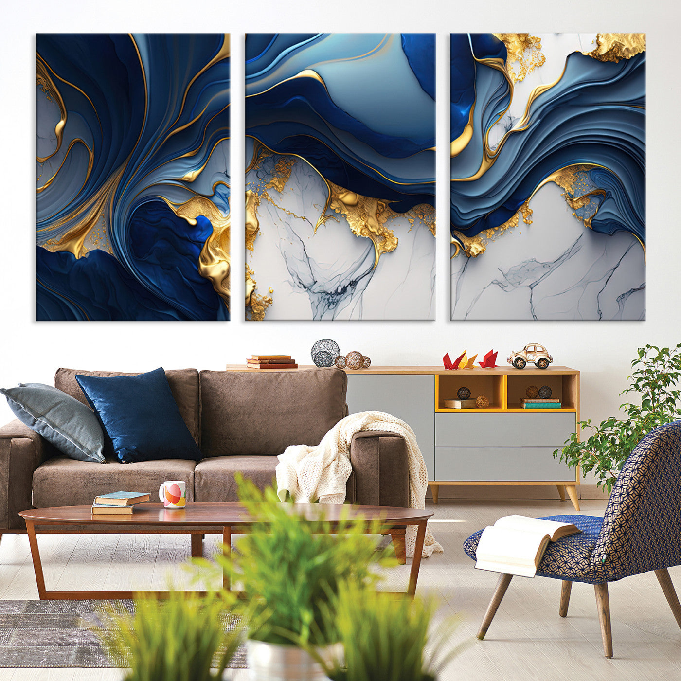 Canvas art with swirling blue marble and gold textures, ideal for elegant glam or modern luxury interior design settings.