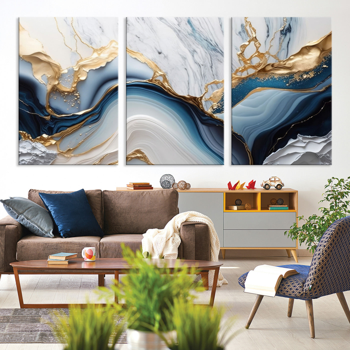Abstract canvas with blue marble textures and flowing gold veins, ideal for modern luxury or coastal-inspired interior decor.