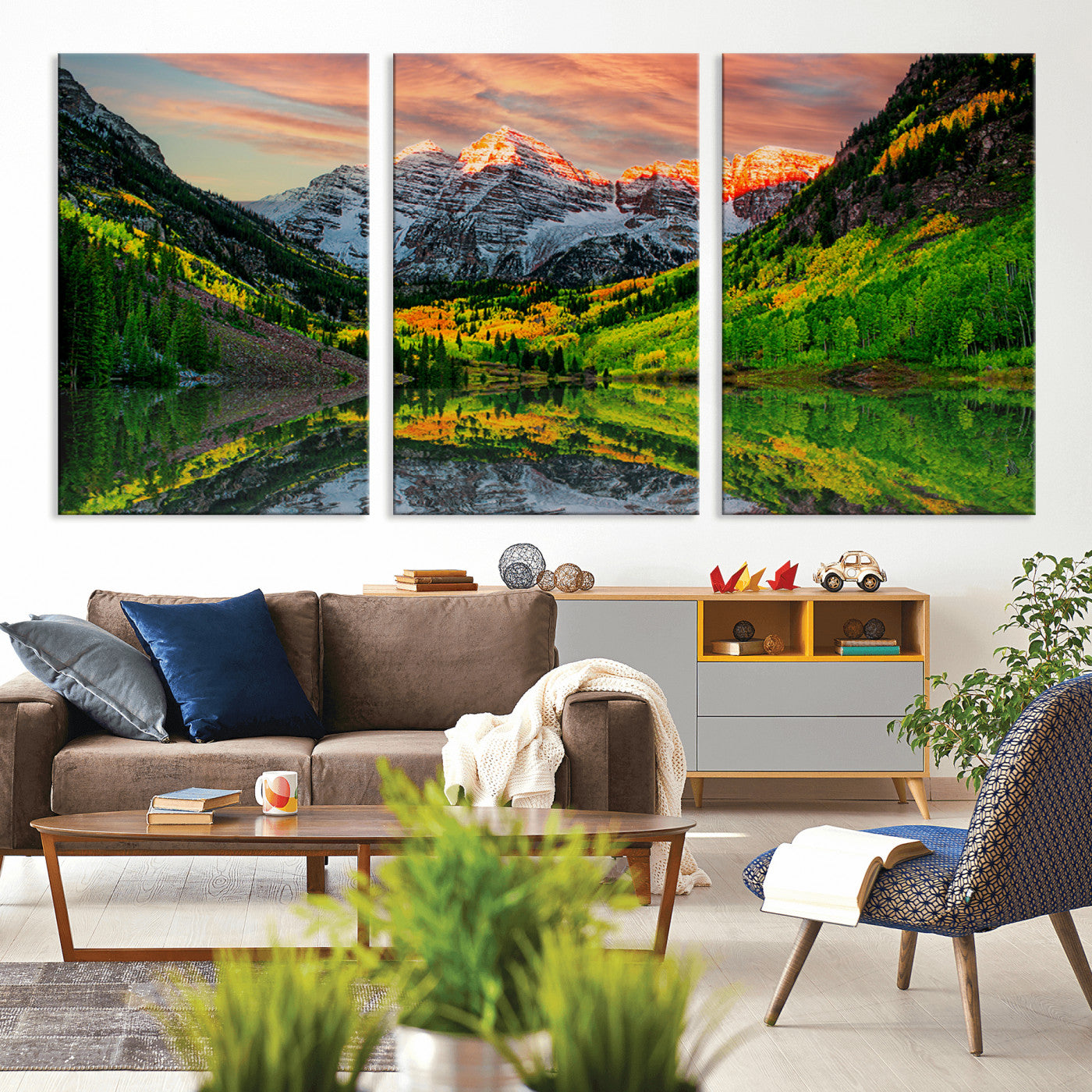 MGV-CV-60X30-3P - Maroon Bells Lake Wall Art Canvas Print – Majestic Colorado Mountain Landscape, Autumn Reflection,
