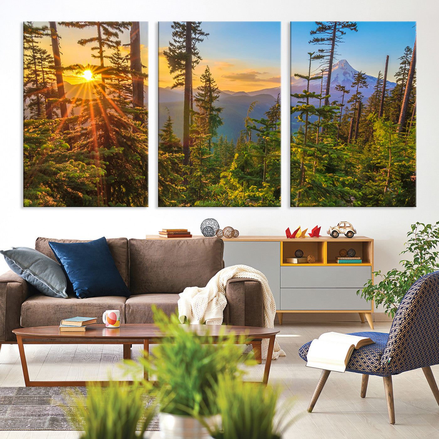 83544043-MGV-CV-36X24-Forest Sunset Wall Art Canvas Print, Framed Sunset Trees Art Picture Print, Green Pines Perfect Rustic Nature Decor