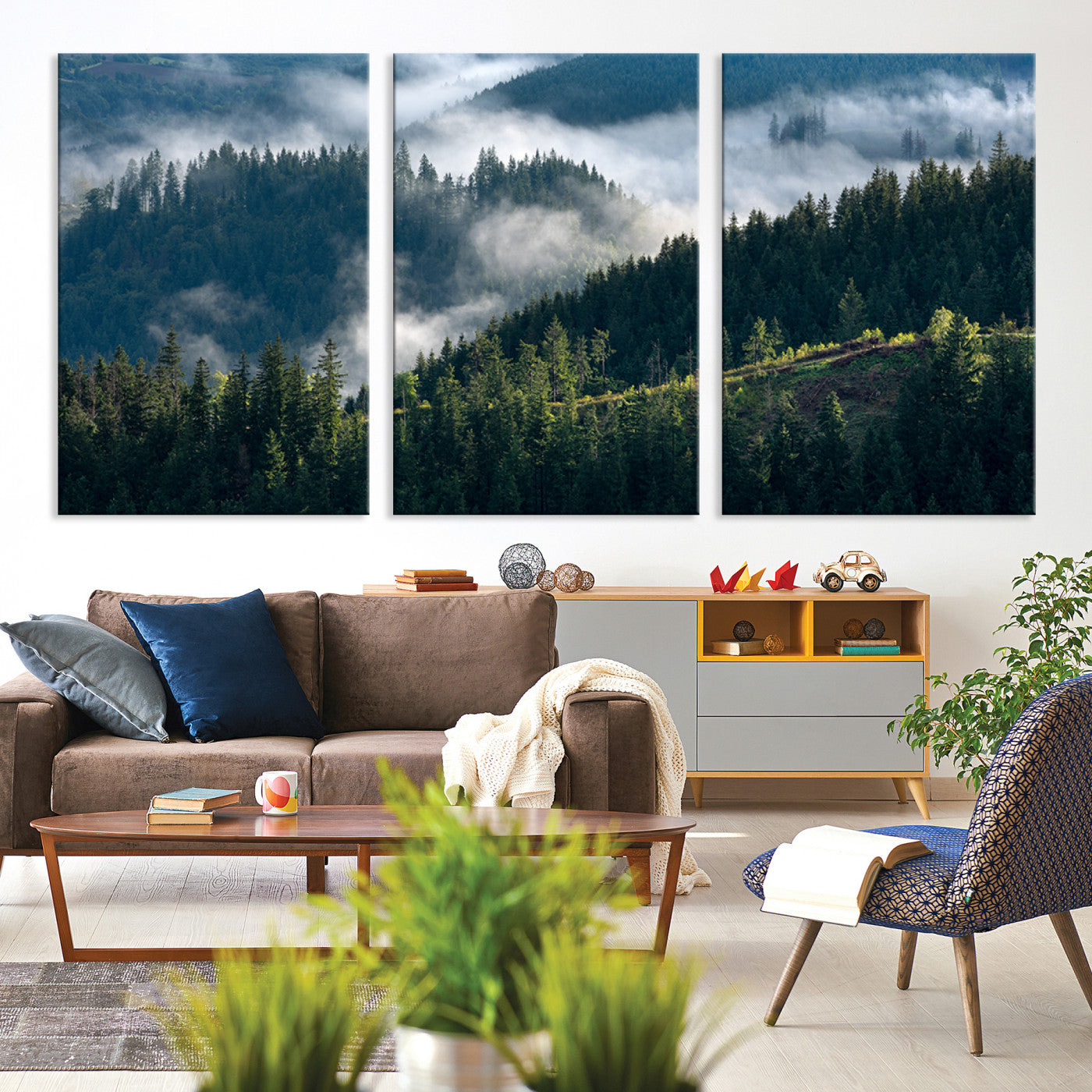 Moody canvas of misty pine forests over layered hills, perfect for cool-toned nature-inspired or woodland-style home decor.