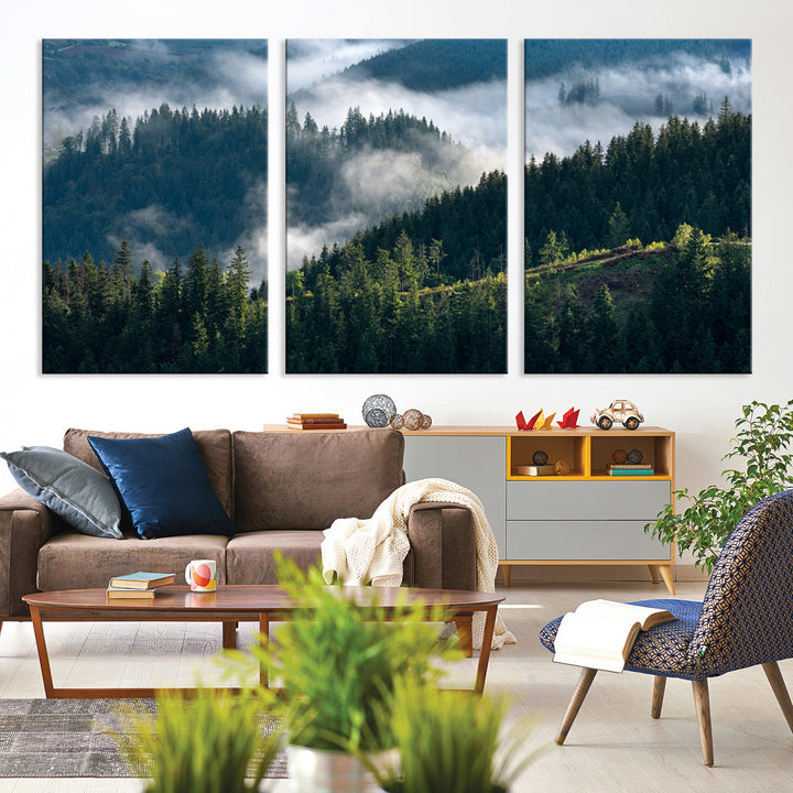 Moody canvas of misty pine forests over layered hills, perfect for cool-toned nature-inspired or woodland-style home decor.