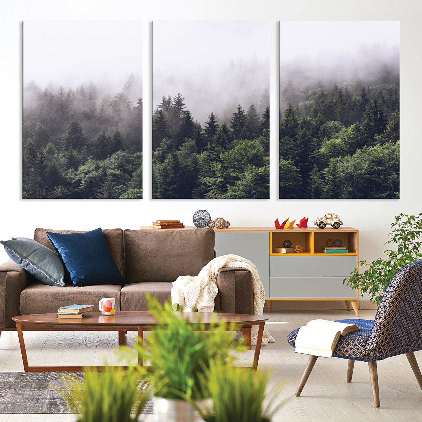 Canvas of dense misty forest in dark green tones, ideal for moody forest or atmospheric woodland-themed home decor.