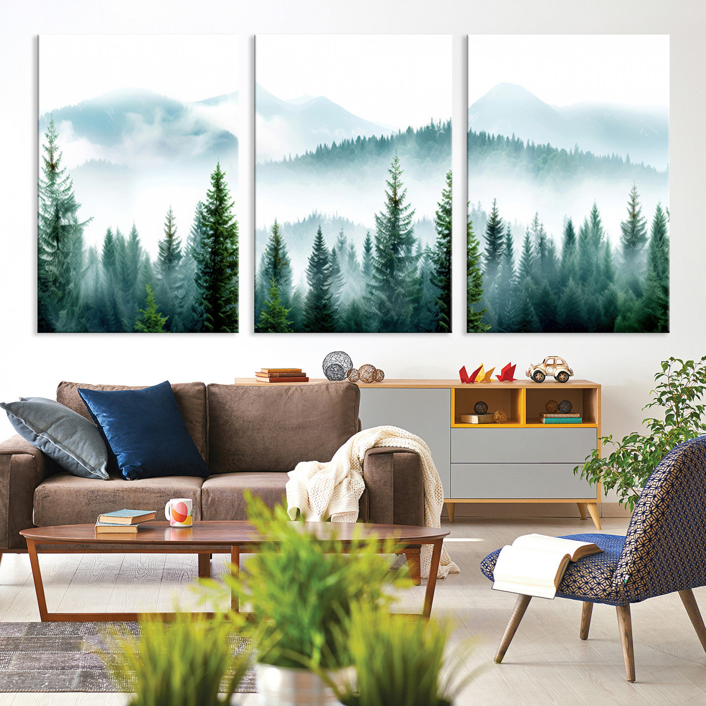 Canvas of pine forest and misty mountain layers in cool tones, perfect for moody forest or serene nature-inspired home decor.