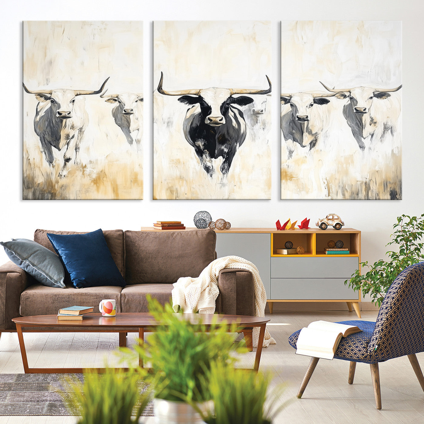 40397799-MGV-CV-36X24-Texas Longhorn Canvas Print, Framed Rustic Herd Art Picture Print, Western Bull Perfect Neutral Western Decor