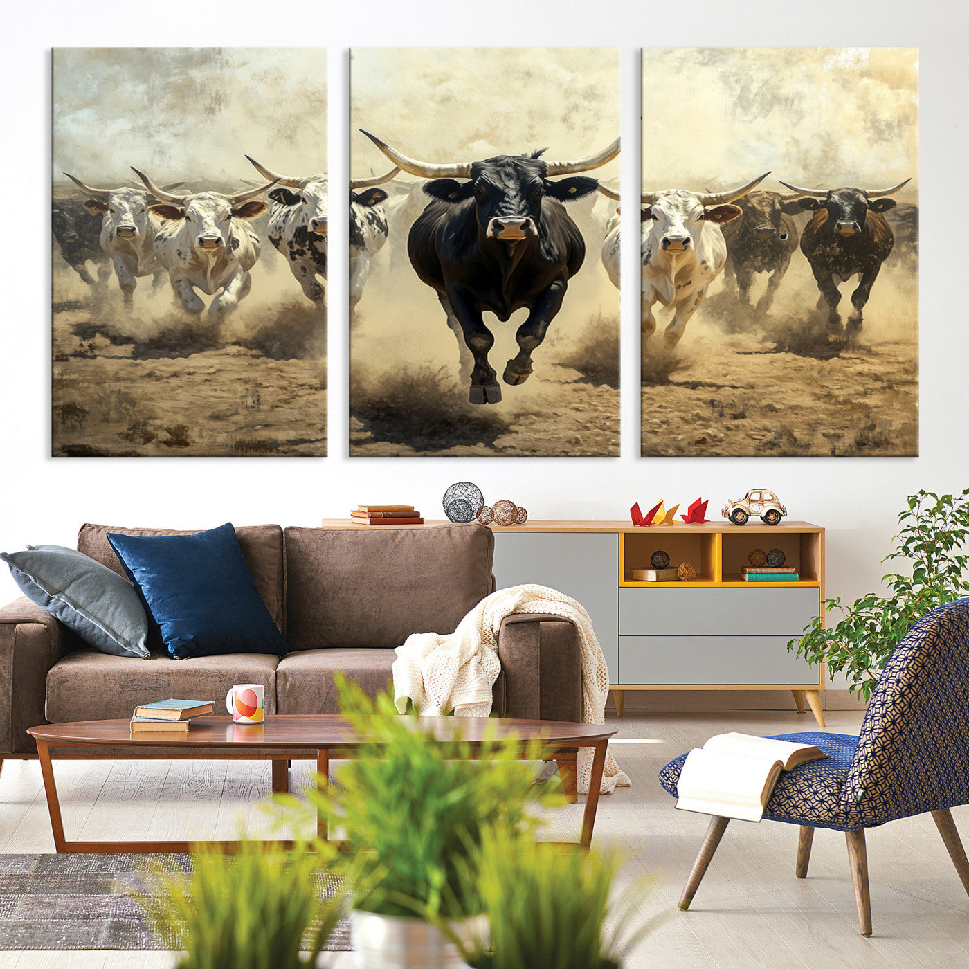 Dynamic canvas showing a Texas Longhorn stampede with earthy tones and bold movement, perfect for rustic or Western-style interiors.