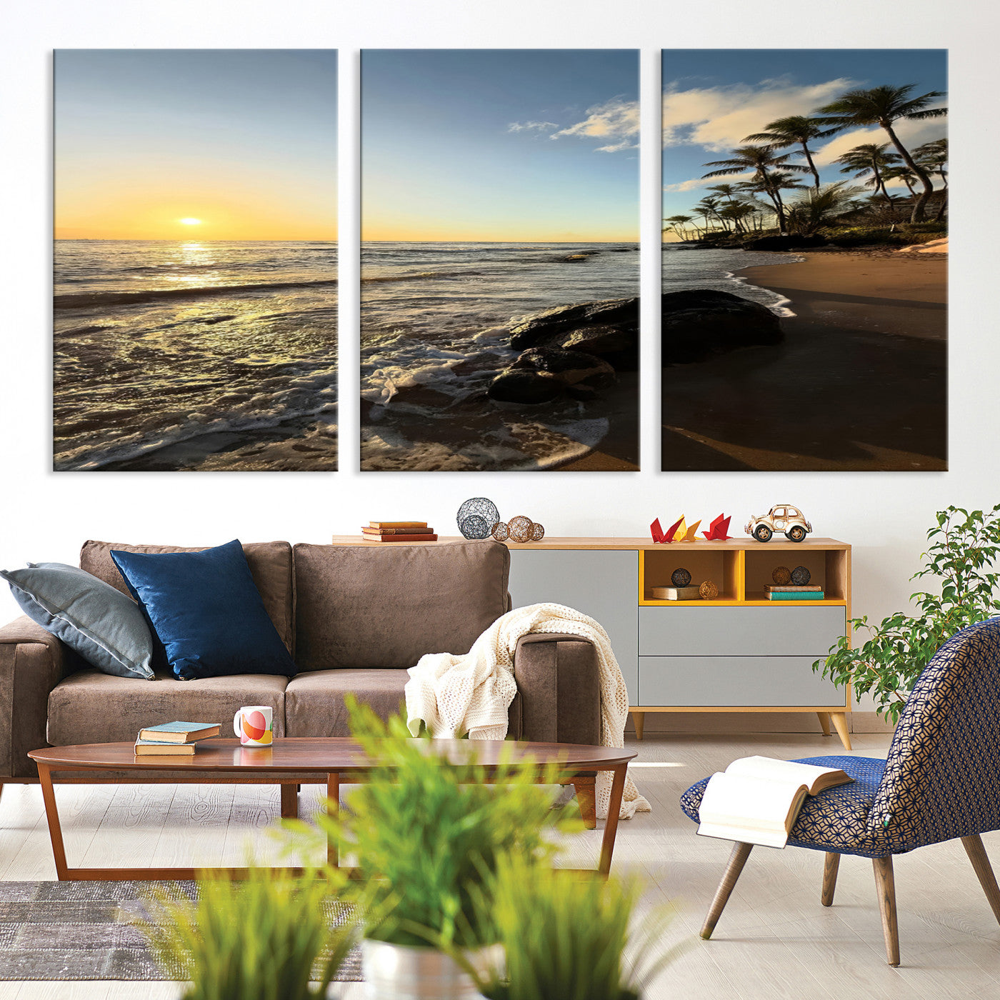 Canvas of a golden sunset on a tropical beach with palm trees and calm waves, perfect for coastal or island-themed home decor.