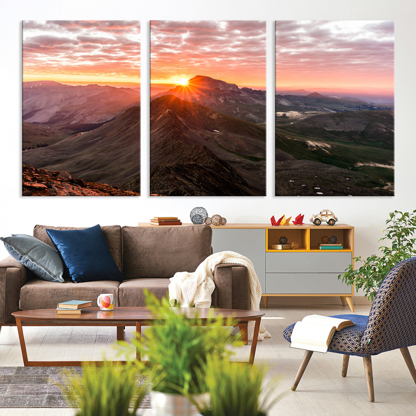 Canvas showing a mountain ridge at sunrise with golden light and dramatic clouds, perfect for nature or rustic-inspired wall decor.
